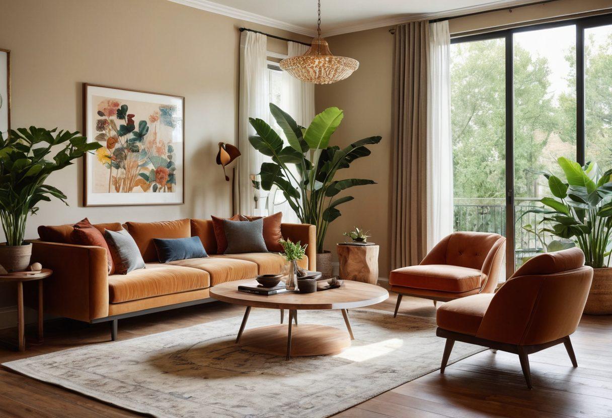 A beautifully arranged interior showcasing multiple rooms, each with distinct furniture styles, such as a modern living room with sleek lines, a cozy rustic dining area, and an elegant vintage bedroom. Incorporate elements like plants, artwork, and decorative accessories to enhance each style. Use warm lighting to create an inviting atmosphere. soft focus. vibrant colors. 3D rendering.