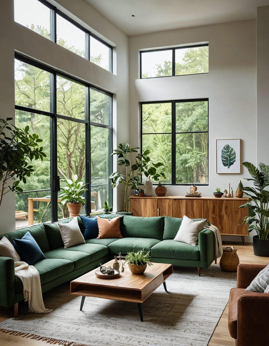 A beautifully designed living room showcasing sustainable furniture solutions with natural wood textures, vibrant green plants, and a cozy atmosphere. Include items like eco-friendly sofas, multifunctional coffee tables, and stylish storage units, all reflecting modern aesthetics. The room should be well-lit, with large windows allowing natural light to flow in. A professional interior designer sketching ideas in the corner could add an insightful touch. super-realistic. vibrant colors. bright and airy.