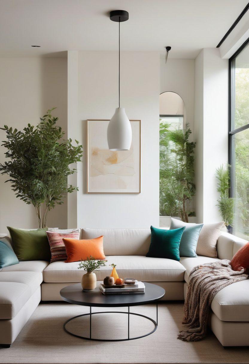 A stylish modern living room featuring sleek furniture designs, showcasing a harmonious blend of minimalist aesthetics and contemporary trends. Include elegant lighting, vibrant color accents, and greenery for a refreshing touch. A side table with decorative accessories and an inviting sofa should be visible to emphasize comfort and style. super-realistic. vibrant colors. airy atmosphere.